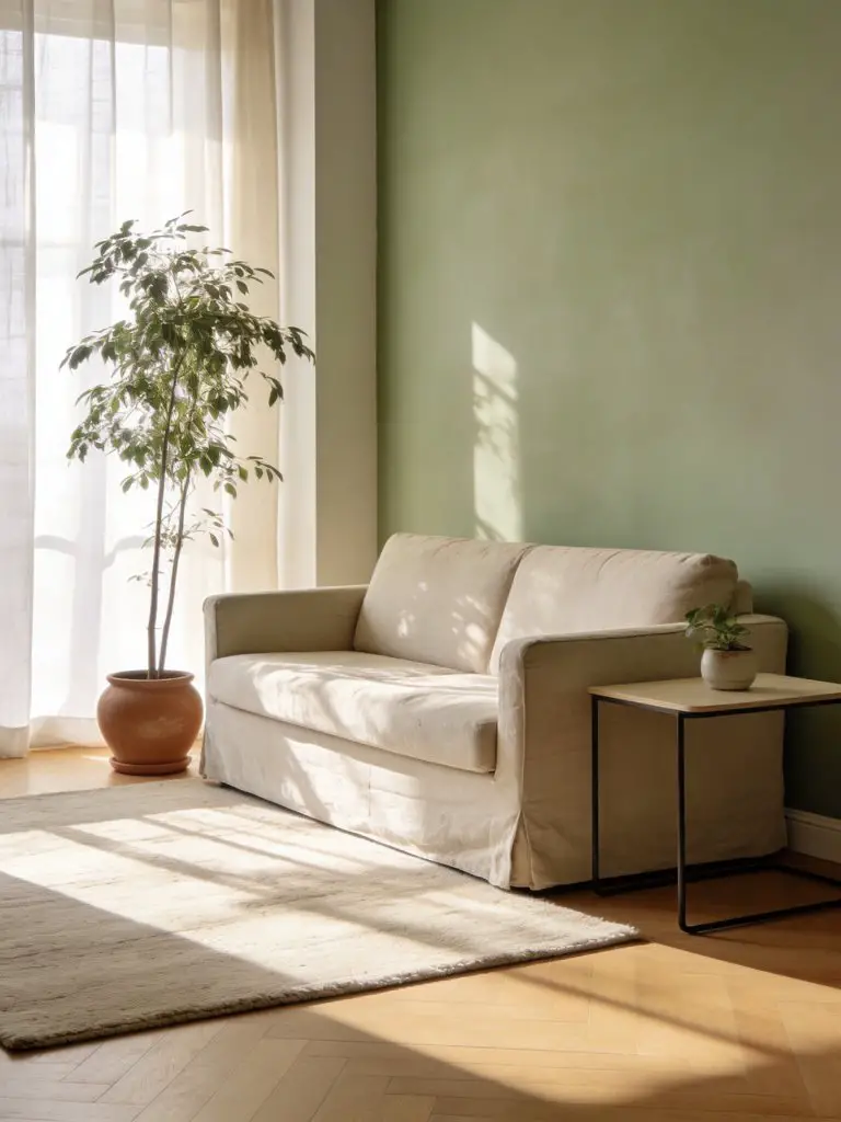 A calm minimalist living room with subtle botanical styling designed for a serene natural atmosphere.