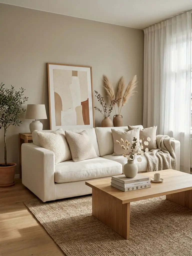 A warm minimalist living room styled with natural materials and neutral layering.