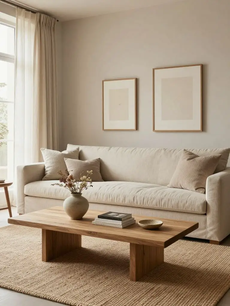 A calm warm minimalist living room designed with organic modern influences.