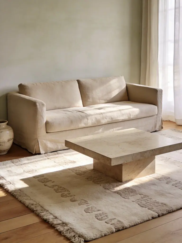 A calm neutral minimalist living room designed for a small apartment with layered textures that add warmth without visual clutter.