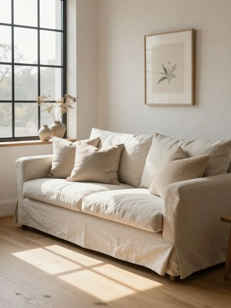 A calm warm minimalist living room featuring a classic slipcovered linen sofa positioned near a large window with black metal grid framing.