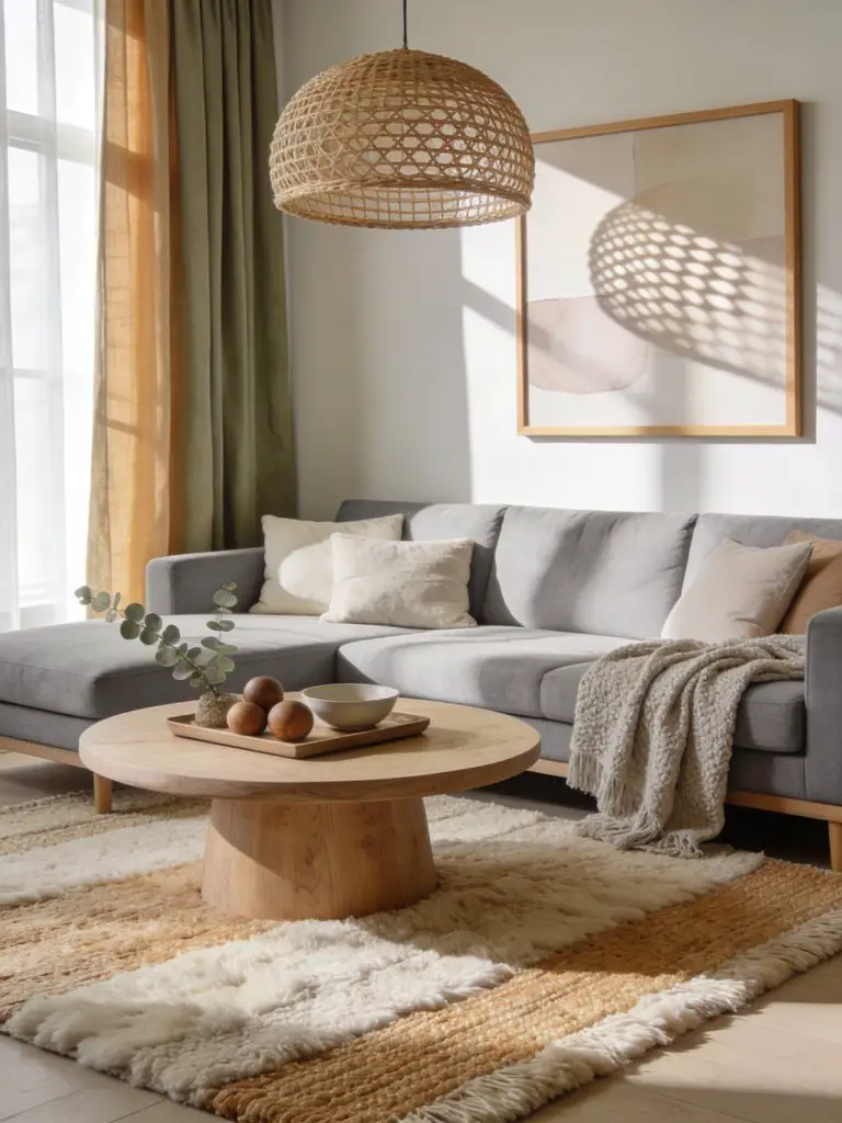 A serene Nordic-style living room centered around a light grey sectional sofa layered with soft neutral pillows and cozy textured throws.