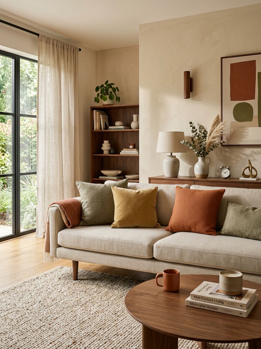 A mid-century modern minimalist living room with subtle retro color accents layered into a neutral space.