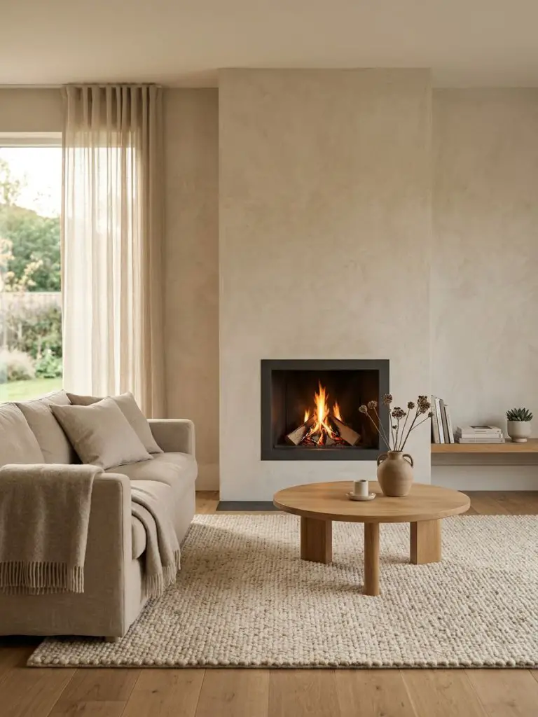 A calm Scandinavian minimalist living room featuring a simple fireplace as the cozy focal point.