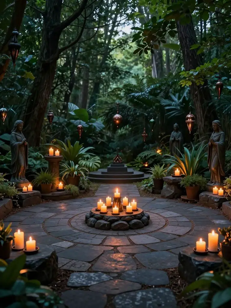 Create a candlelit forest ritual circle deep within a witchy backyard surrounded by tall trees and dense greenery.