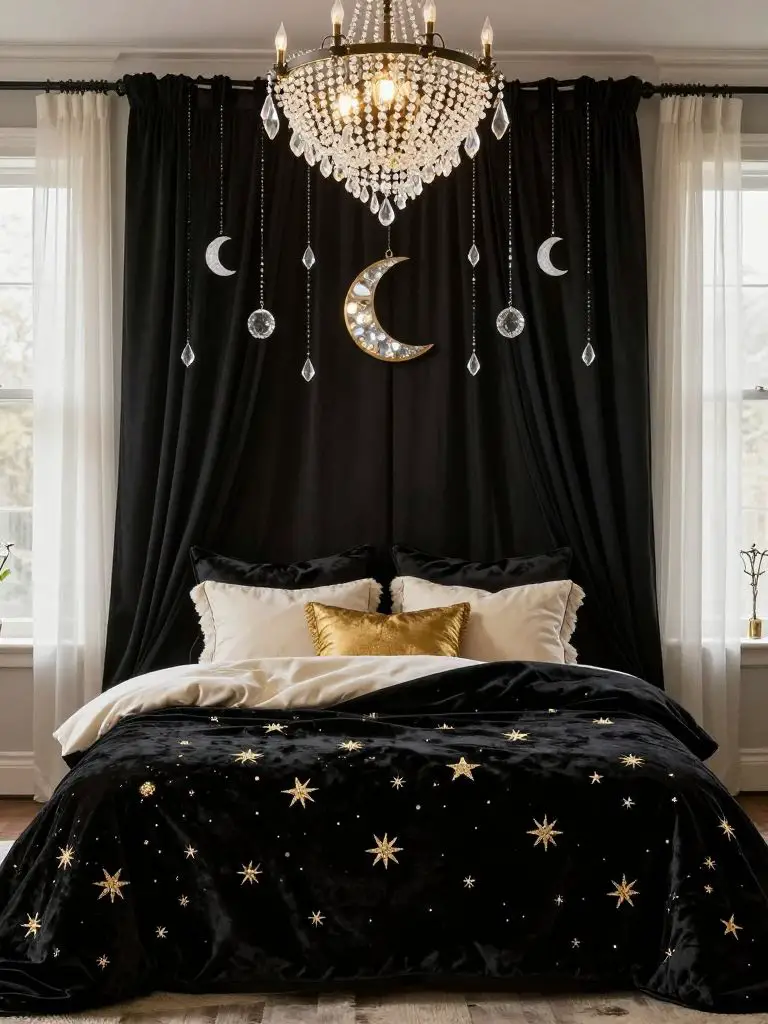 A celestial glam witchy bedroom styled with modern gothic elegance and shimmering gold accents.
