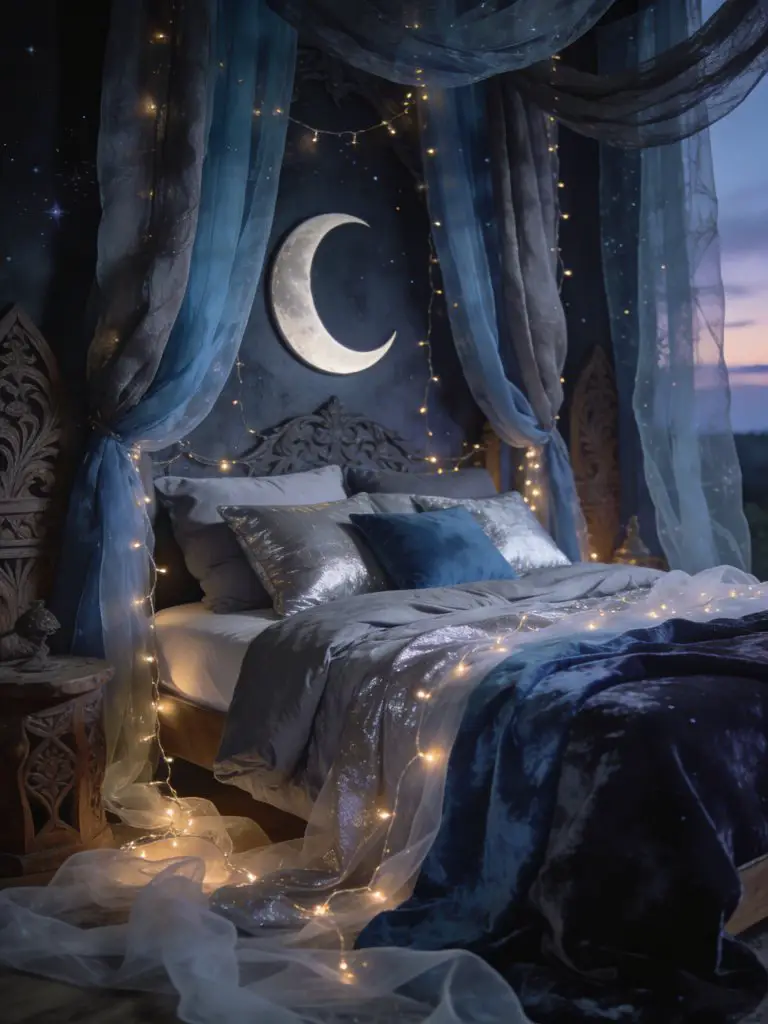 A celestial witchy bedroom with a dreamy canopy and moon-themed decor, styled in soft bohemian fantasy aesthetic.