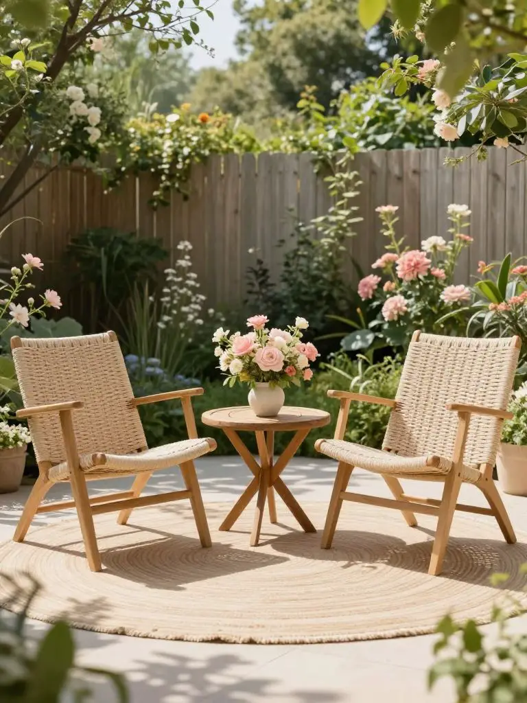A charming garden patio in soft rustic style featuring two woven lounge chairs facing a small wooden table topped with fresh flowers.