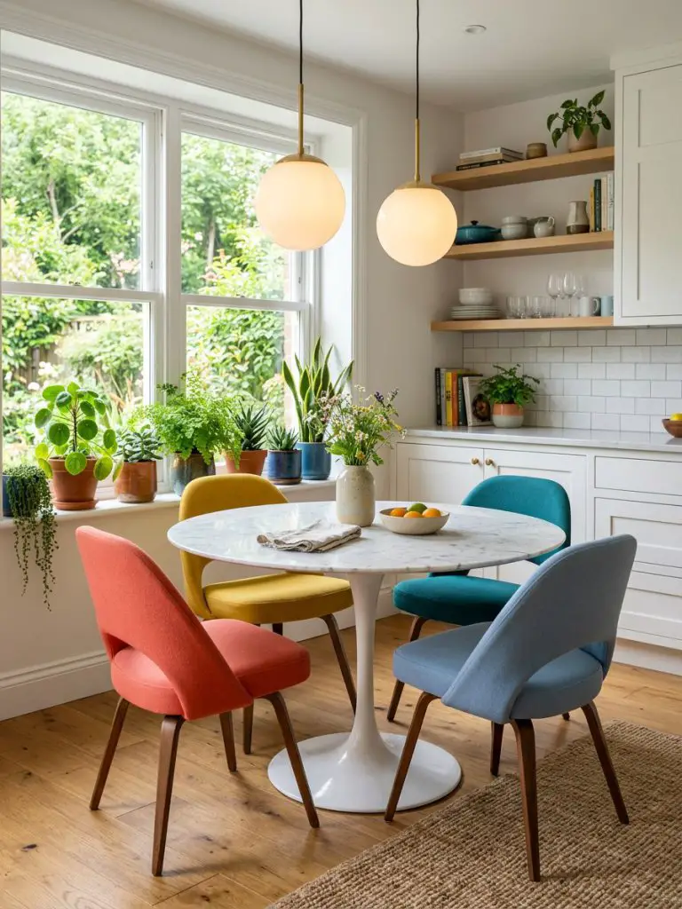 A light-filled kitchen dining nook featuring a white marble table surrounded by mid-century style chairs in vibrant shades of coral, mustard.