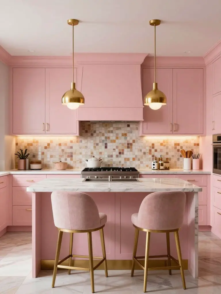 A chic modern colorful kitchen dominated by soft pink cabinetry paired with gold accents in a glam contemporary style.