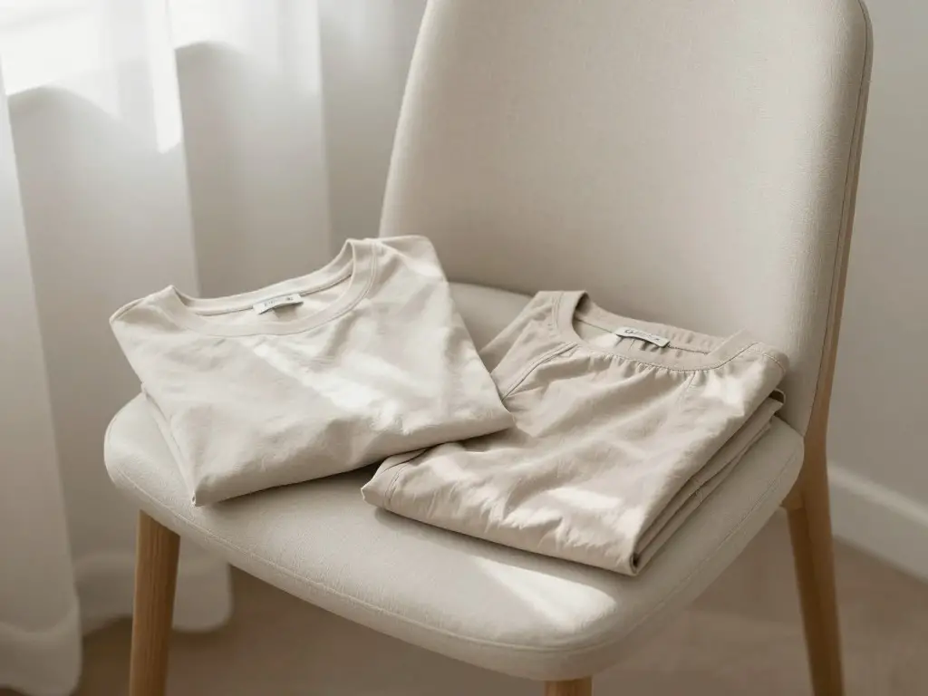 Simple outfit laid out on a minimalist bedroom chair, neutral colored clothing neatly arranged, soft morning light, clean and organized