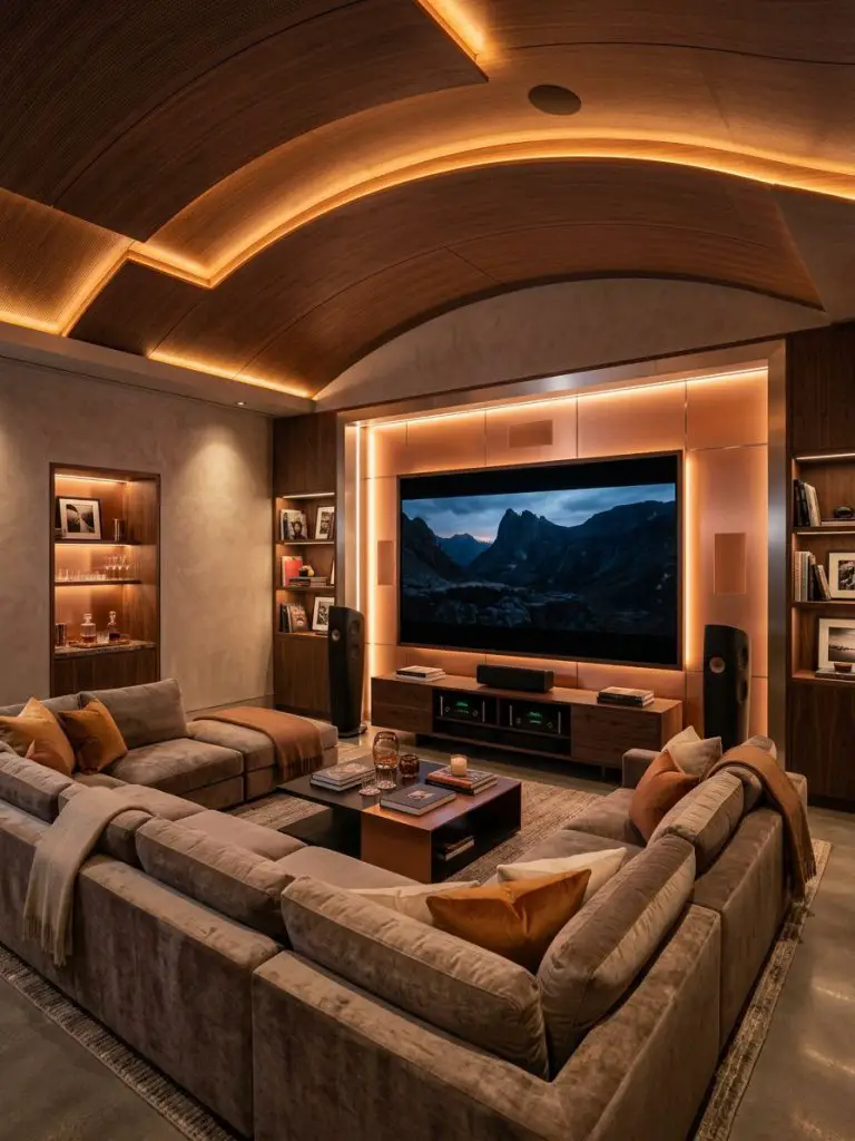 A cinematic luxury bonus room featuring curved ceilings, ambient LED lighting, and plush sectional seating.
