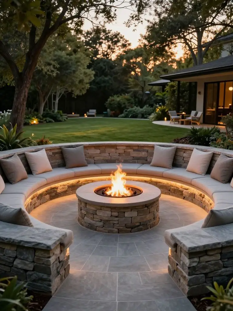Create a circular sunken patio with built-in curved stone seating surrounding a central fire pit.