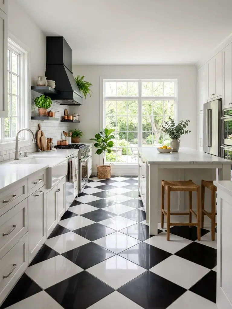 A bright classic kitchen with black and white checkerboard tile flooring in a polished finish, reflecting natural light from large grid wind.