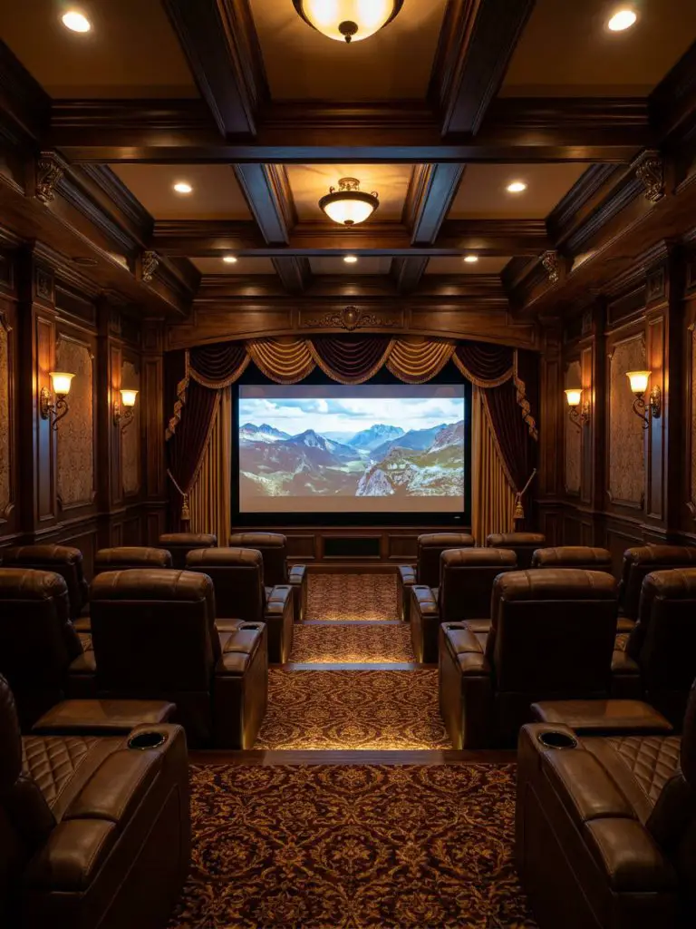 A classic cinema-style bonus room theater designed with traditional luxury influences, featuring plush leather recliner seating, rich wood p.