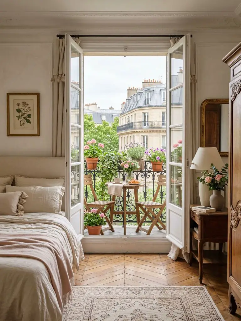 A charming European-style small bedroom with balcony doors designed in classic Parisian apartment style.