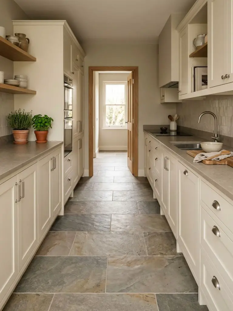 A classic galley kitchen featuring natural stone tile flooring in a warm minimalist and modern rustic blend.