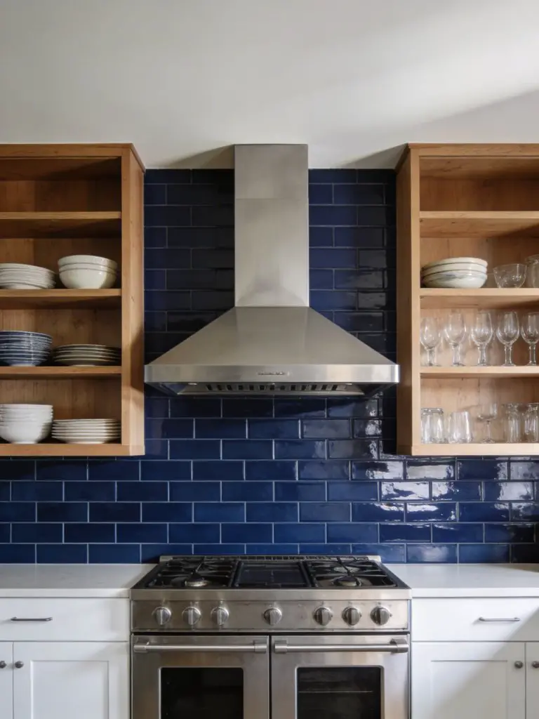 A modern kitchen with deep navy blue subway tile backsplash paired with open wooden shelving and a central stainless steel range hood.