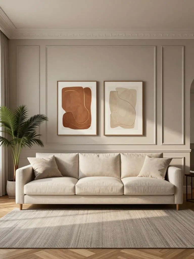 A classic minimalist living room centered around a long neutral fabric sofa positioned against a decorative paneled wall.