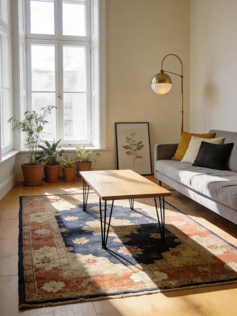 A warm minimalist living room featuring a vintage Persian-inspired rug that introduces subtle pattern and heritage character while maintaini.