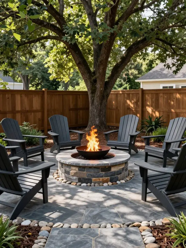 Design a classic circular stone fire pit patio beneath mature leafy trees.