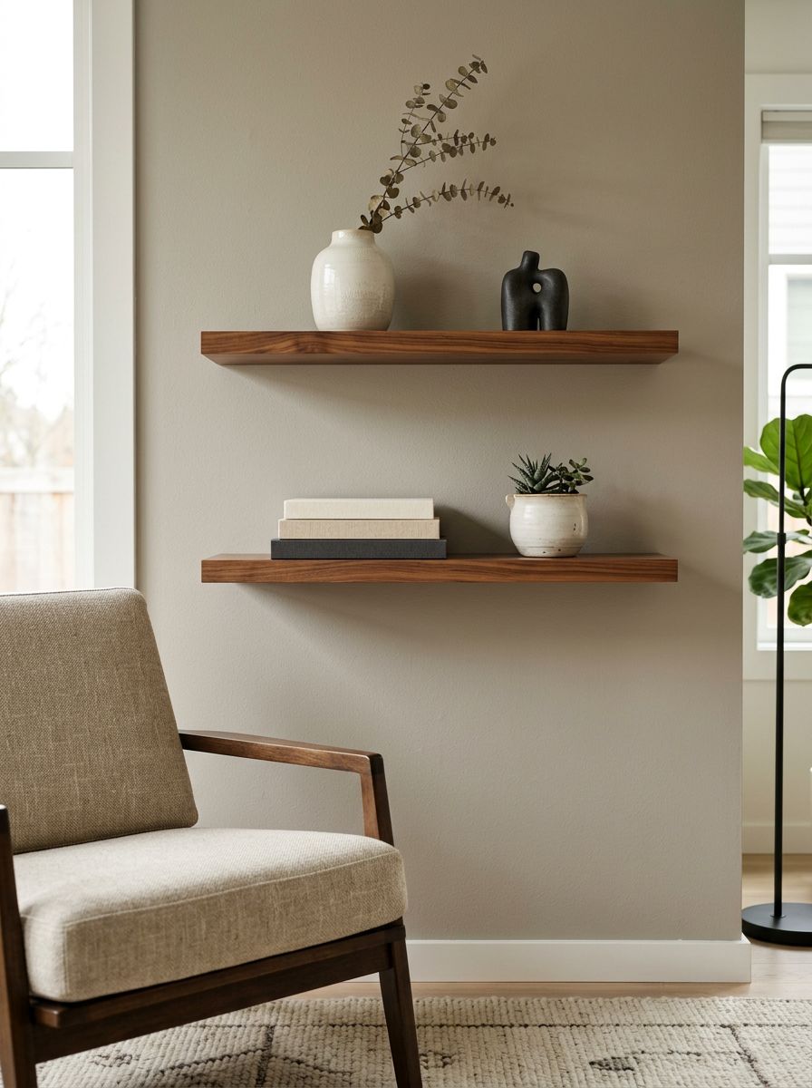 A refined mid-century modern minimalist living room wall featuring floating wooden shelves as the primary design feature.