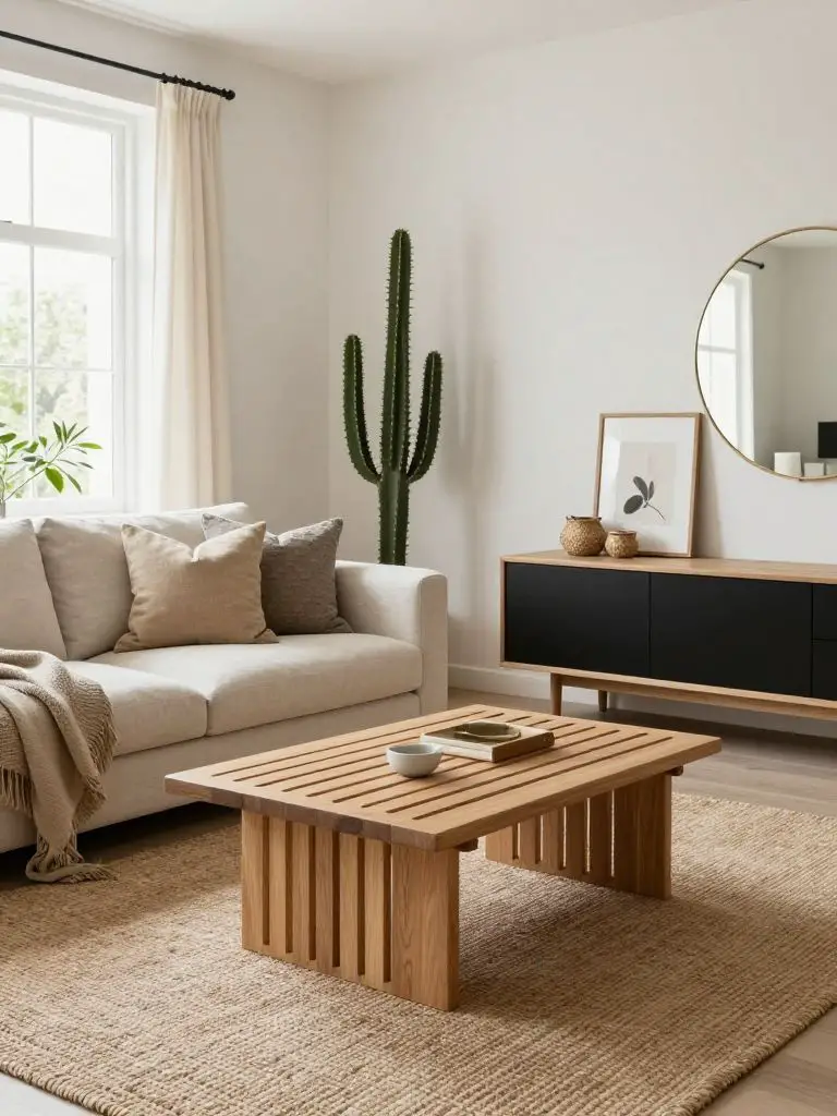A clean Scandinavian minimalist living room styled with warm neutral tones and natural textures.