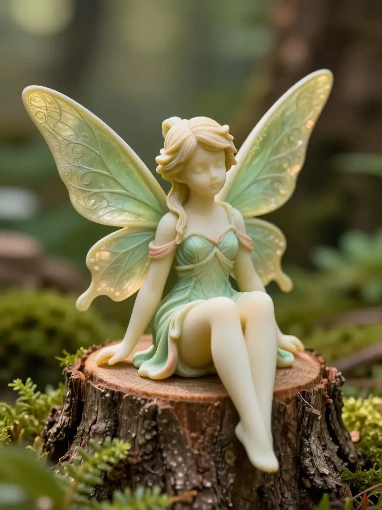 Create a close-up portrait-style fairy garden detail featuring a delicate winged fairy figurine seated on a tree stump.