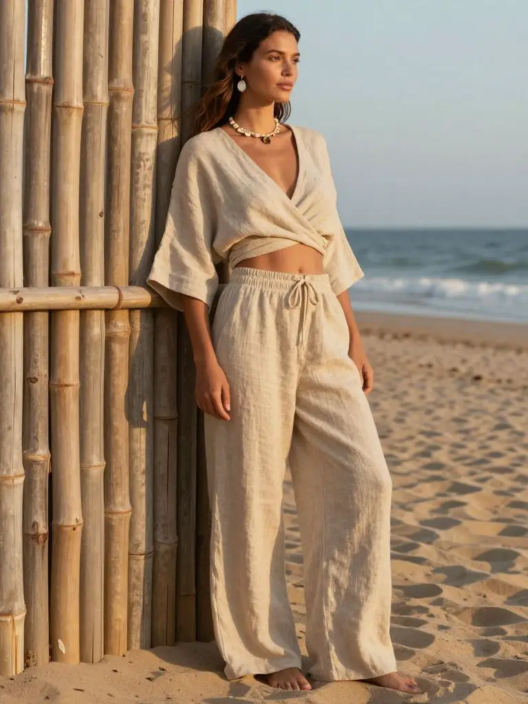 A coastal bohemian scene representing sustainable fashion outfit ideas inspired by natural linen textures and relaxed beach styling.