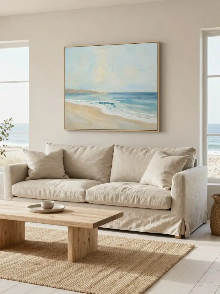 A breezy coastal minimalist living room inspired by calm seaside interiors.