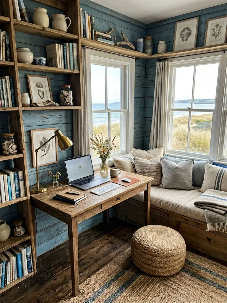 A charming coastal rustic office cabin interior featuring weathered blue painted wood walls and natural wooden shelving filled with books an.