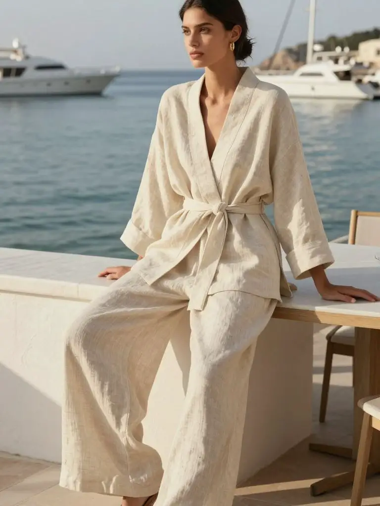 A coastal resort scene representing sustainable luxury fashion near the sea.