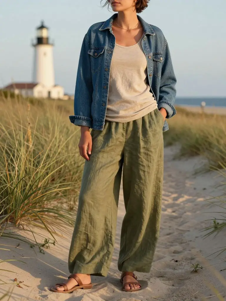 A coastal lifestyle scene highlighting sustainable fashion outfit ideas with relaxed layering and natural textures.