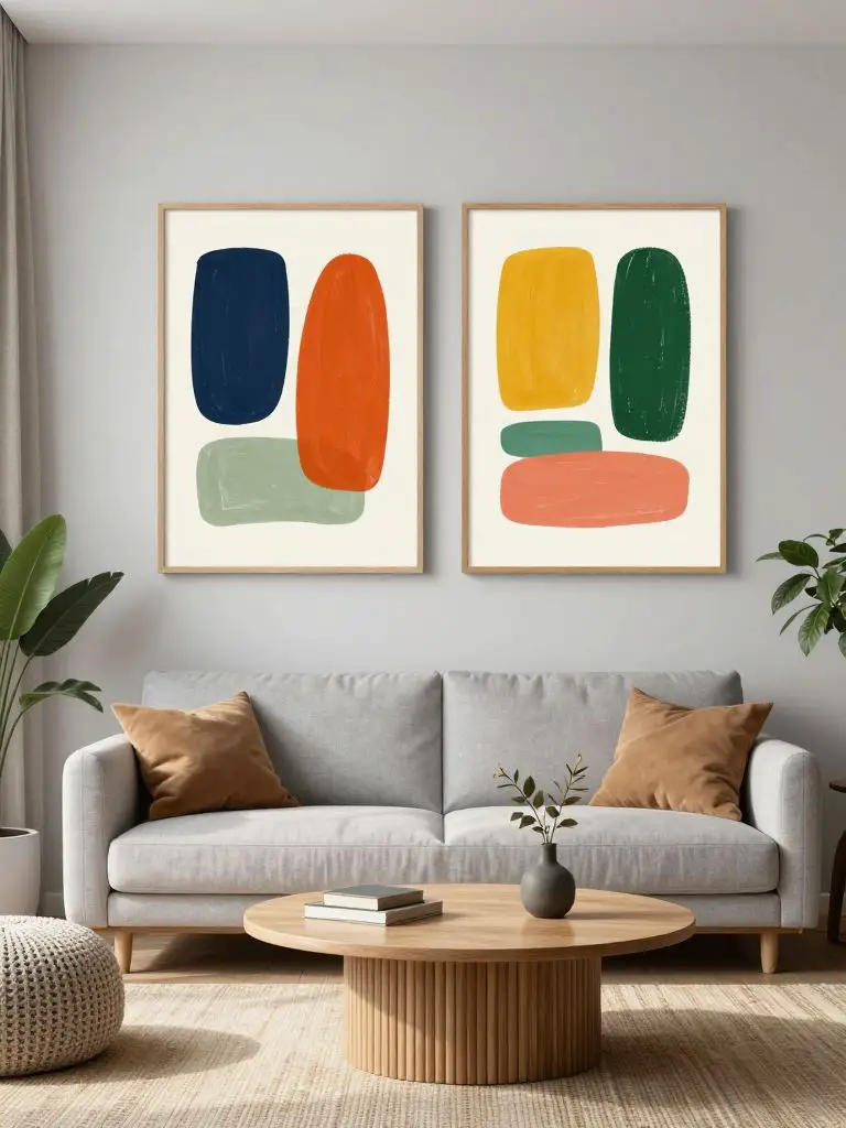 A cozy minimalist living room featuring vibrant abstract minimalist wall art that introduces color while maintaining a clean modern aestheti.