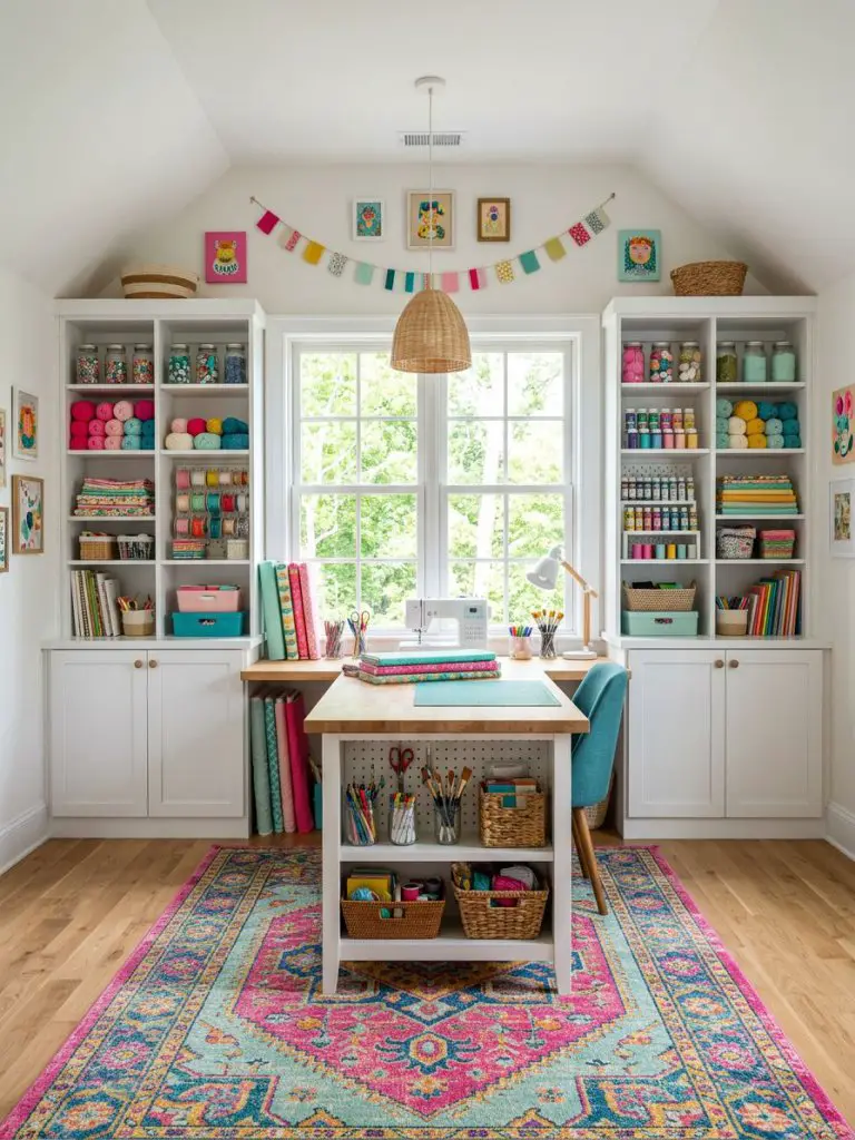 A vibrant bonus room craft space designed in an eclectic and functional style, featuring white cabinetry, open shelving filled with colorful.