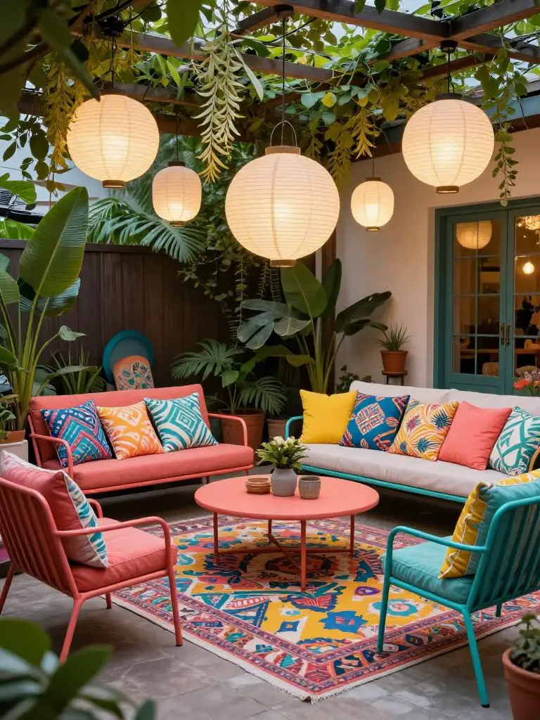 Create a colorful eclectic backyard patio filled with vibrant furniture and hanging paper lanterns.