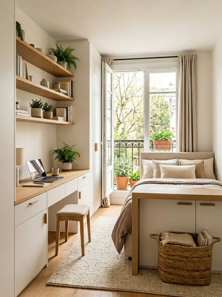 A clever small bedroom with balcony window designed to maximize functionality through built-in furniture.
