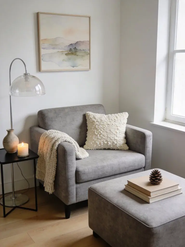 A cozy minimalist living room designed around a compact grey loveseat paired with a matching square ottoman in a soft contemporary Scandinav.