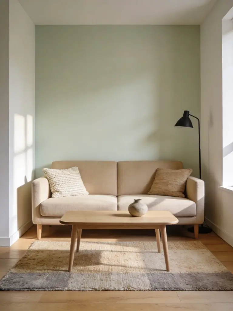 A compact small minimalist apartment living room featuring a carefully arranged neutral sofa layout designed to maximize limited space.