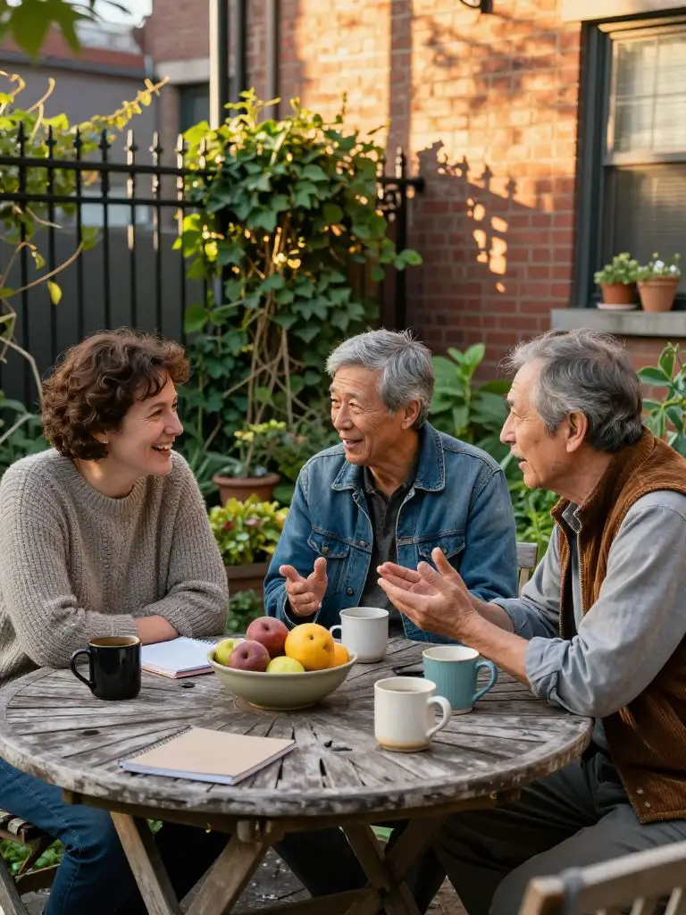 In the foreground, a weathered round patio table made of rough teak wood is scattered with mugs, a notepad, and a bowl of fresh fruit, the g.