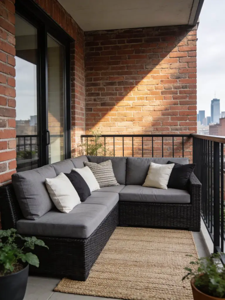 A contemporary small balcony design for apartments featuring a dark wicker L-shaped sectional arranged along a brick exterior wall.