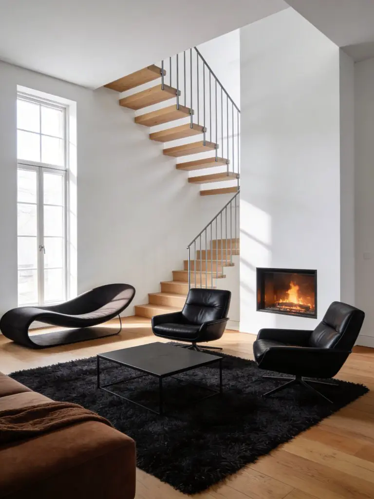 A modern minimalist living room with fireplace in an open-concept interior featuring warm minimalist and contemporary design.