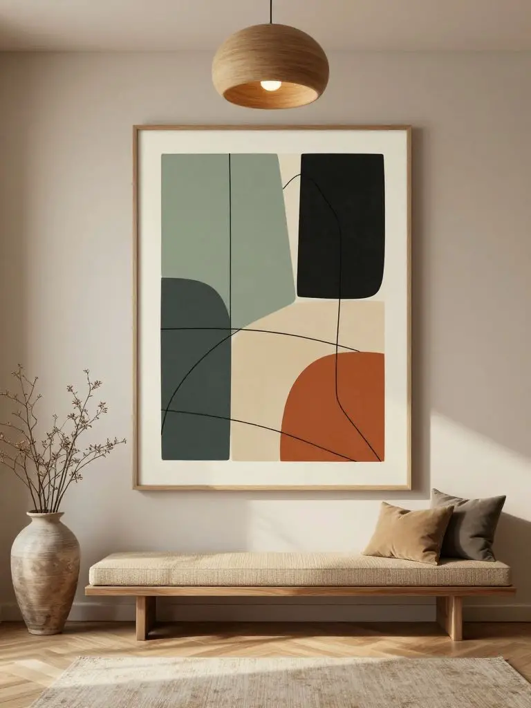 A sophisticated minimalist living room styled around bold geometric minimalist wall art as the focal point.