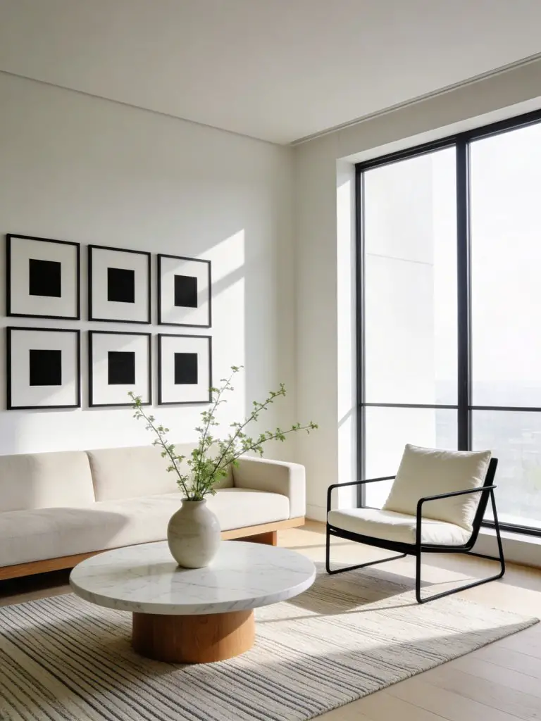 A bright contemporary minimalist apartment living room centered around a large window wall that floods the space with daylight.