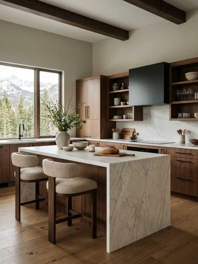 A contemporary mountain kitchen designed in warm minimalist and modern rustic style.