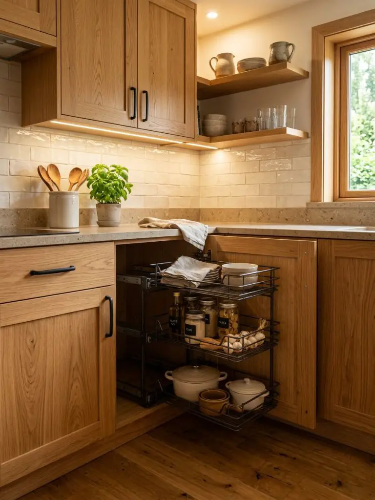A warm modern rustic kitchen featuring a corner base cabinet with pull-out wire baskets.