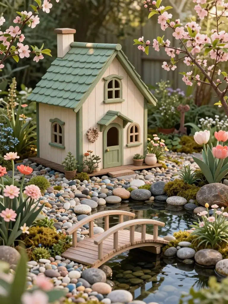 Design a cottage-style fairy house scene with a miniature pebble pond and arched bridge in the foreground.