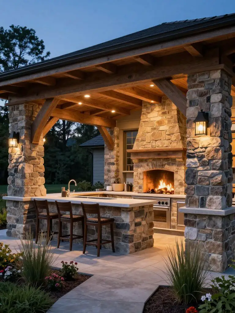 Create a covered outdoor kitchen pavilion with stone columns, wood beams, and a built-in fireplace.