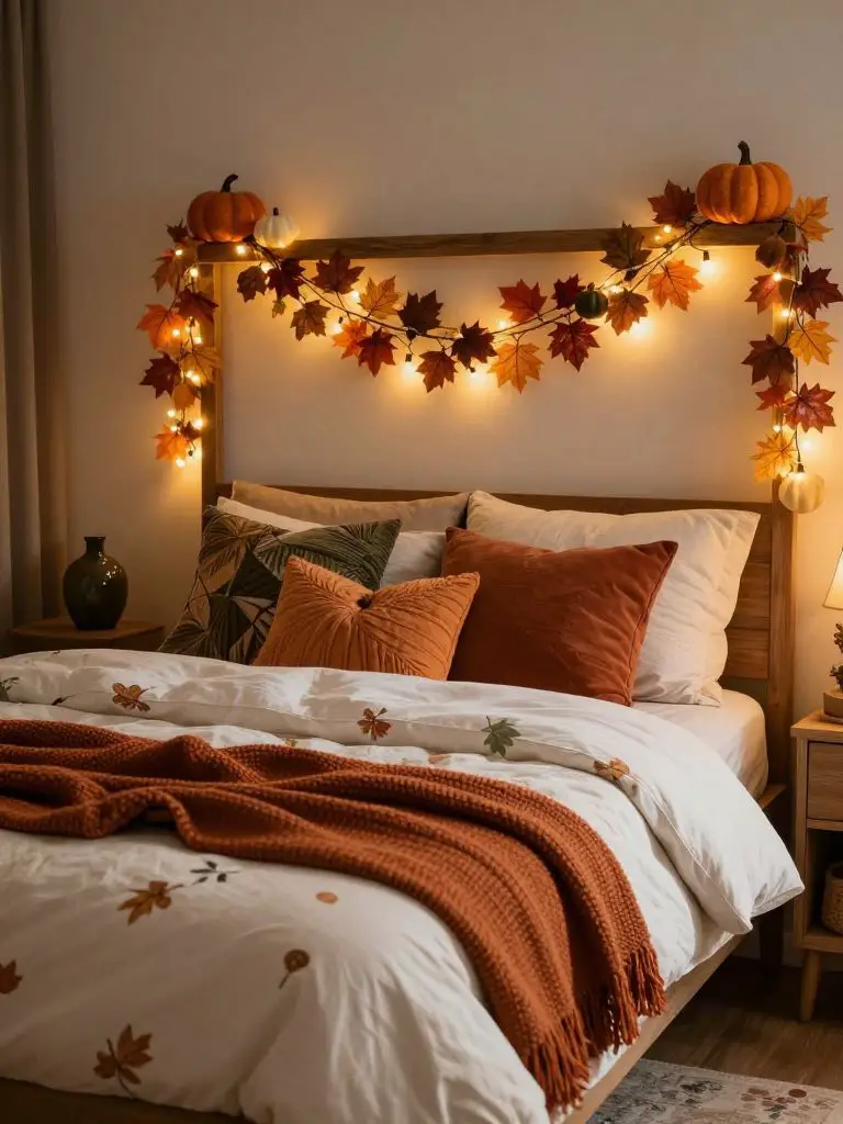 A cozy autumn witch bedroom styled with seasonal decor and warm, inviting textures.