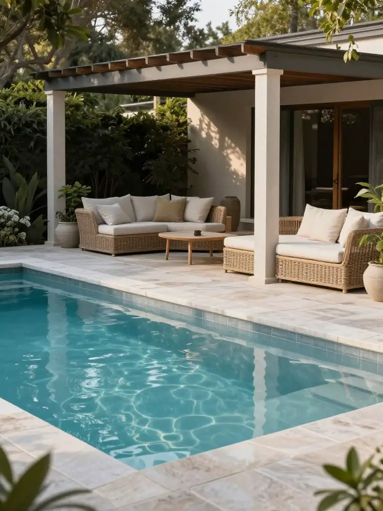 A cozy inground backyard swimming pool paired with a relaxed outdoor lounge area, designed in transitional modern style.